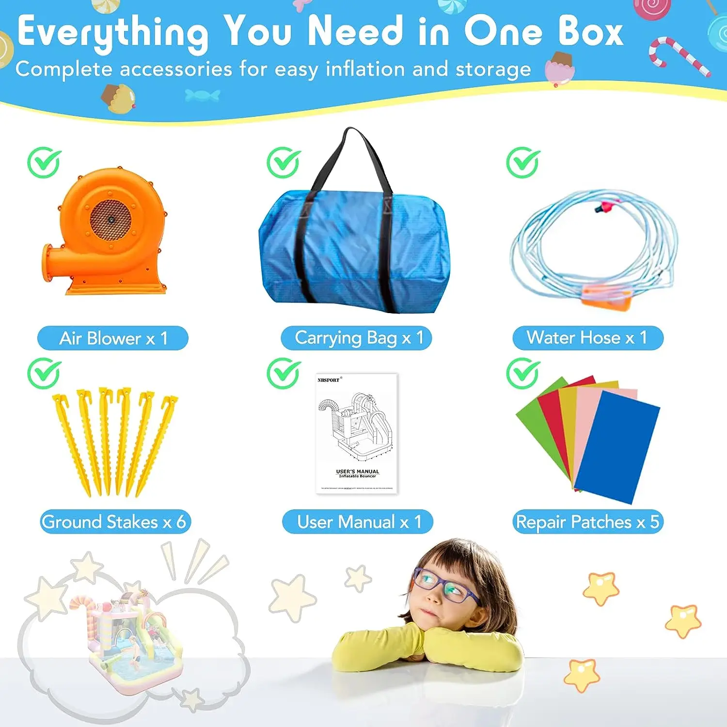 Candy Inflatable Bouncy House Inflatable Castle with Splash Pool Slide Pool Bouncer Combo for Kids to Play