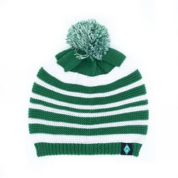 Изготовление на заказ, 100% перерабатываемый полиэстер, зеленый, белый цвет, полосатый теплый вязаный головной убор с помпоном