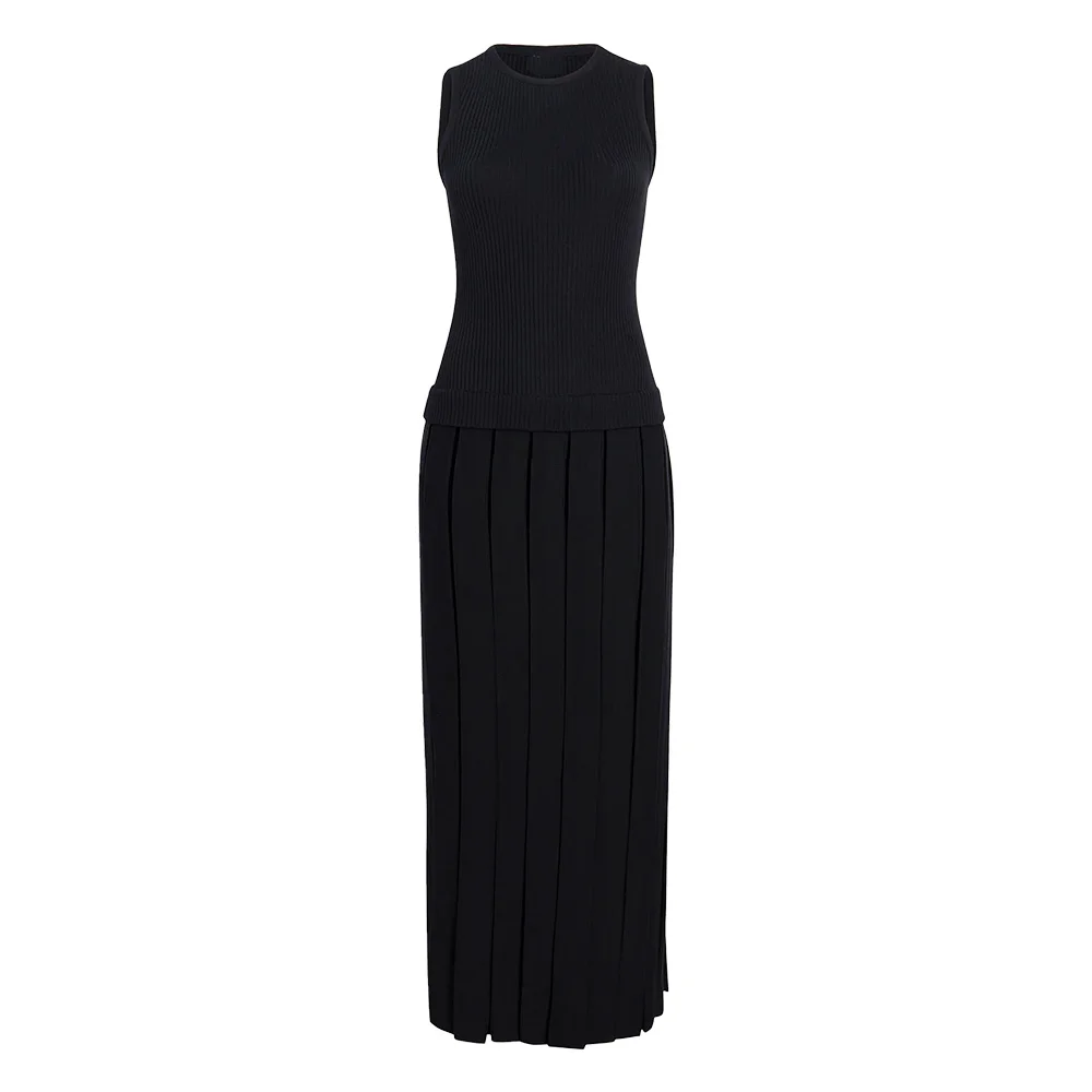 Knitwear Manufacturer Custom Autumn Winter fake two-piece look Pleated ribbed wool blend mid-length dressSleevelessKnit Sweater