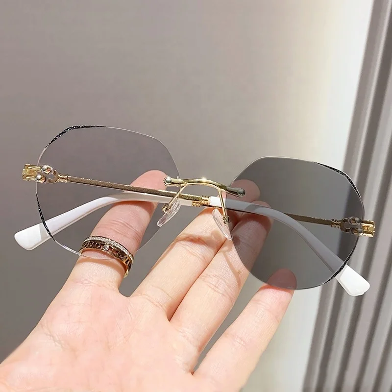 photochromic lens anti blue light computer anti reflet solid gold grey metal round rimless women 2024 gray photo glasses