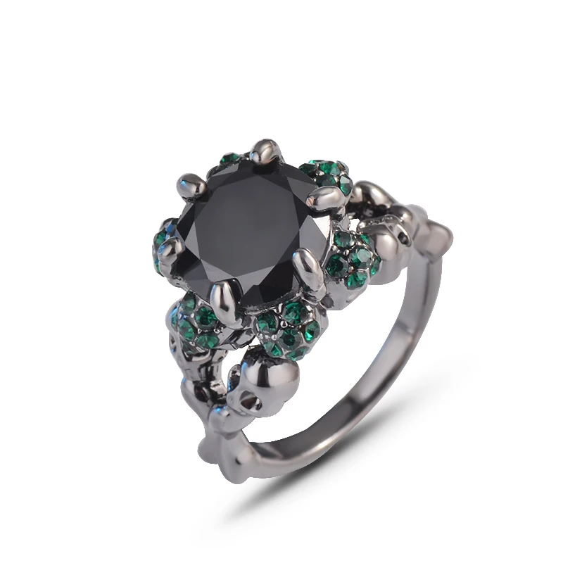 
European And American Princess Diamond Ring Domineering Skull Punk Black Gemstone Black Gold Ring 