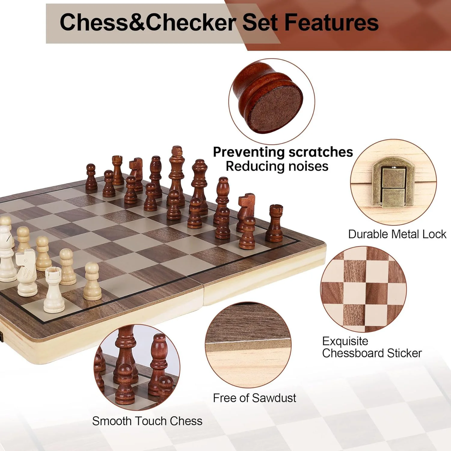 Foldable Wooden Chess Set Board Chess Checkers Set with 2 Extra Queens Wooden Chess Sets
