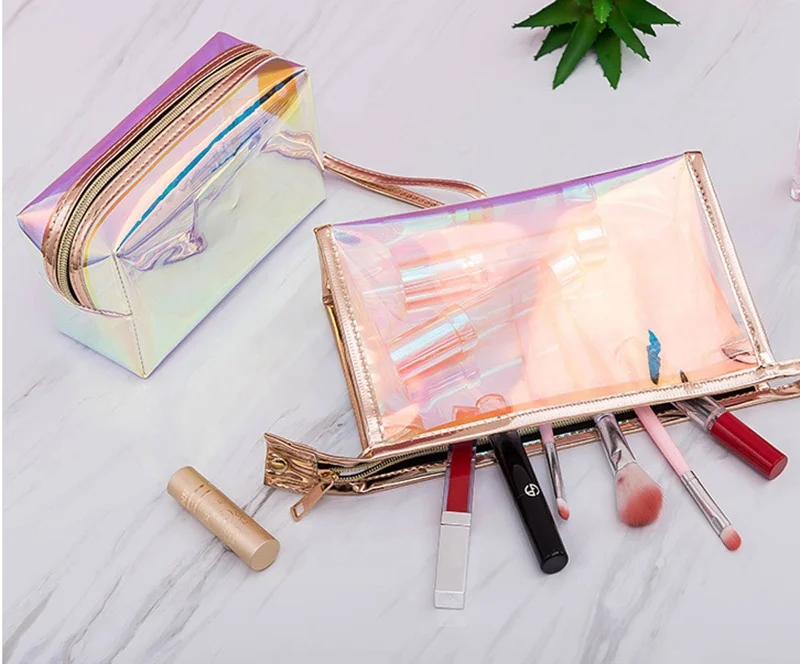 Transparent hologram PVC cosmetic bag makeup brush holder bag for ladies