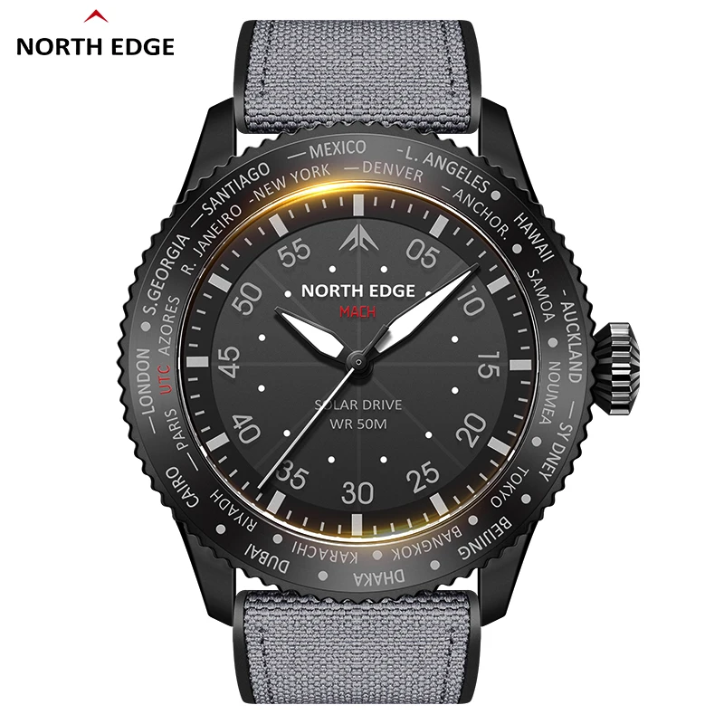 NORTH EDGE MACH Solar Quartz Watch Waterproof Sport Watches Solar Charging Watch Optical Kinetic Energy Light Wave Wristwatch