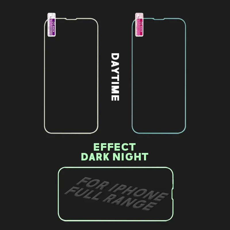 Multi Color Silicone Glow in Dark Fluorescent Color 9H Tempered Glass Luminous Screen Protectors for iPhone 11 12 13 14 Pro Max