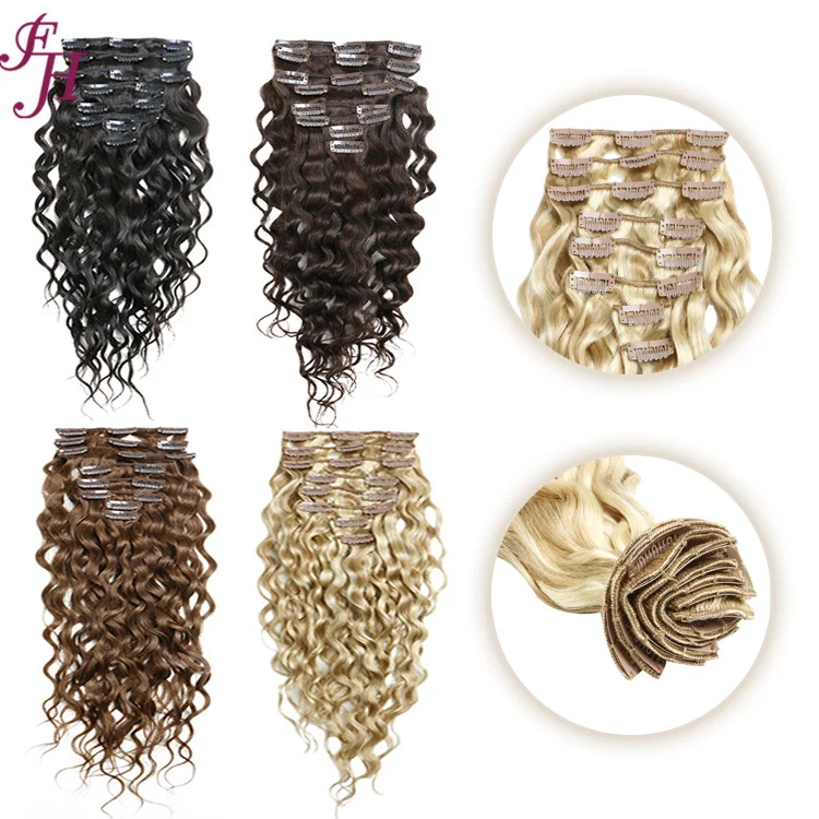 FH double drawn indian real natural clip ins hair extension 100% human hair extensions deep water wave clip ins