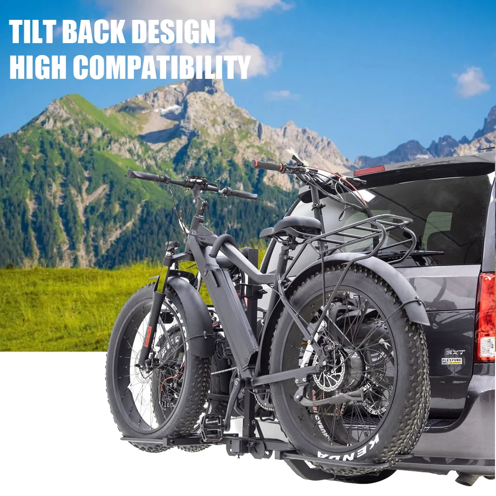 Tiltable 2 e-bikes Fit 17-29 inch Wheel Hitch Mount Standard and Fat Tire Electric Bike Rack for RV SUV Car Vehicle