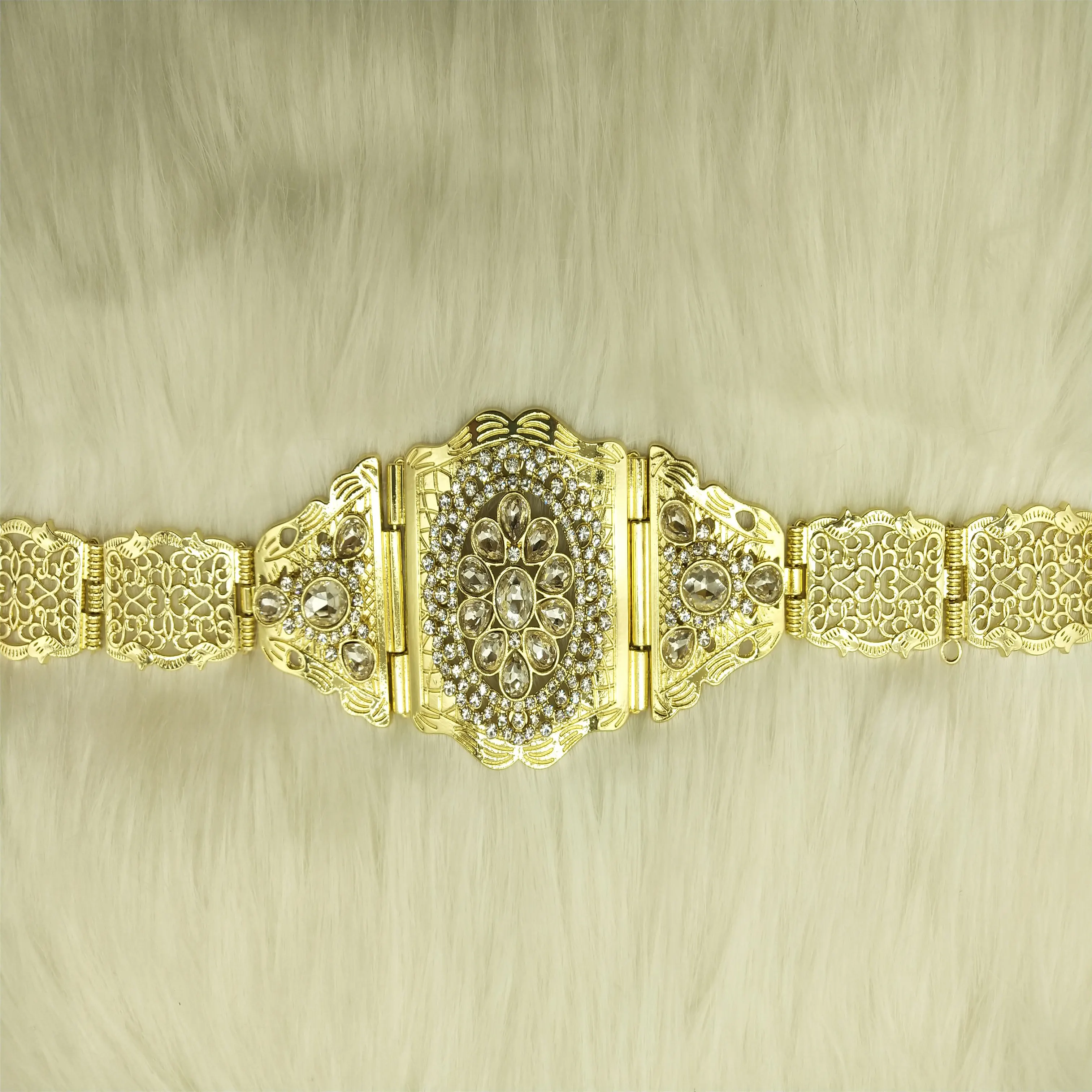 SunspicemsGold Color Crystal Wedding Jewelry Algeria Morocco Belt For Women Arab Robe Caftan Belt Metal Flower Chain Adjustable