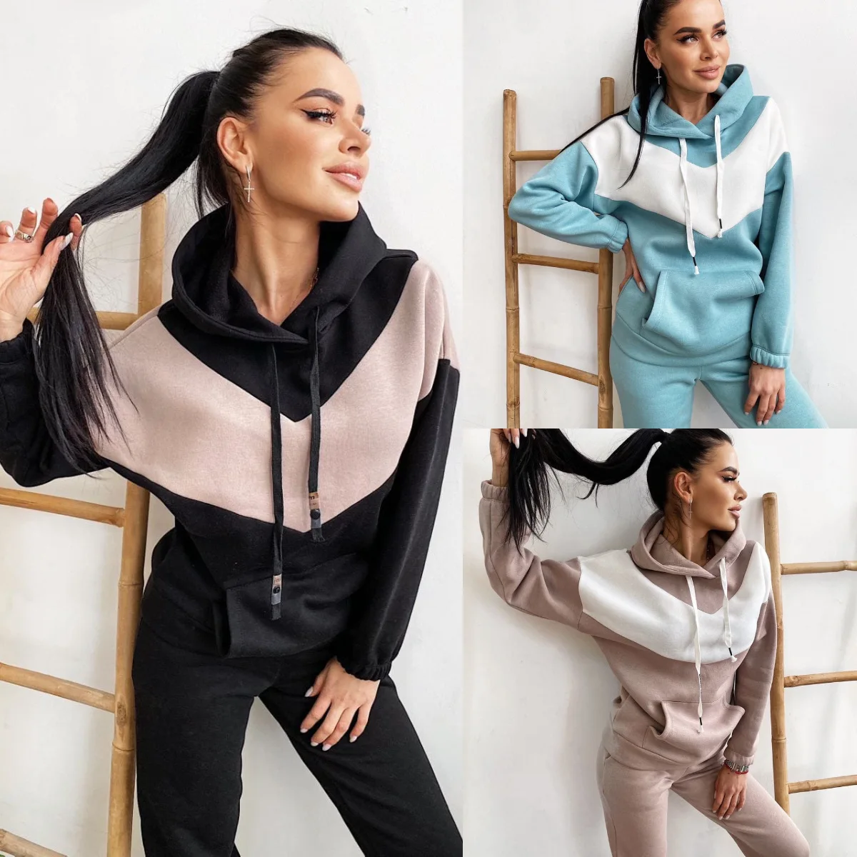 Women Fall Casual Plain Loose 2 Pieces Jogger Sweatshirt sweatpants and hoodie women sweatsuit set tracksuit