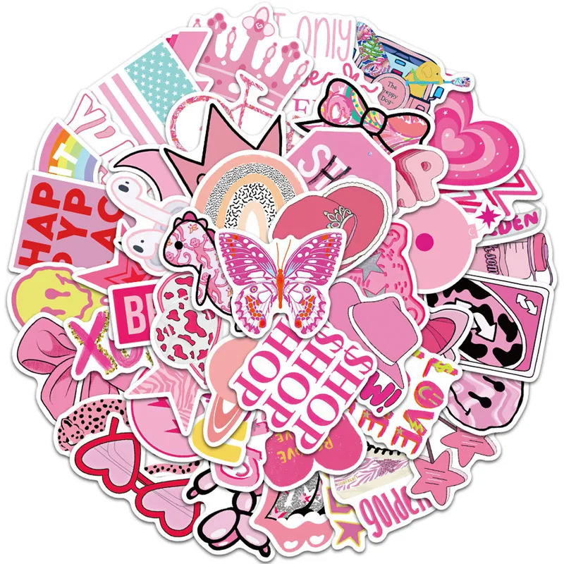50pcs Pink Preppy Style Stickers Valentines Day Gifts Pink Girl Laptop Computer Bedroom Wardrobe Car Skateboard Motorcycle