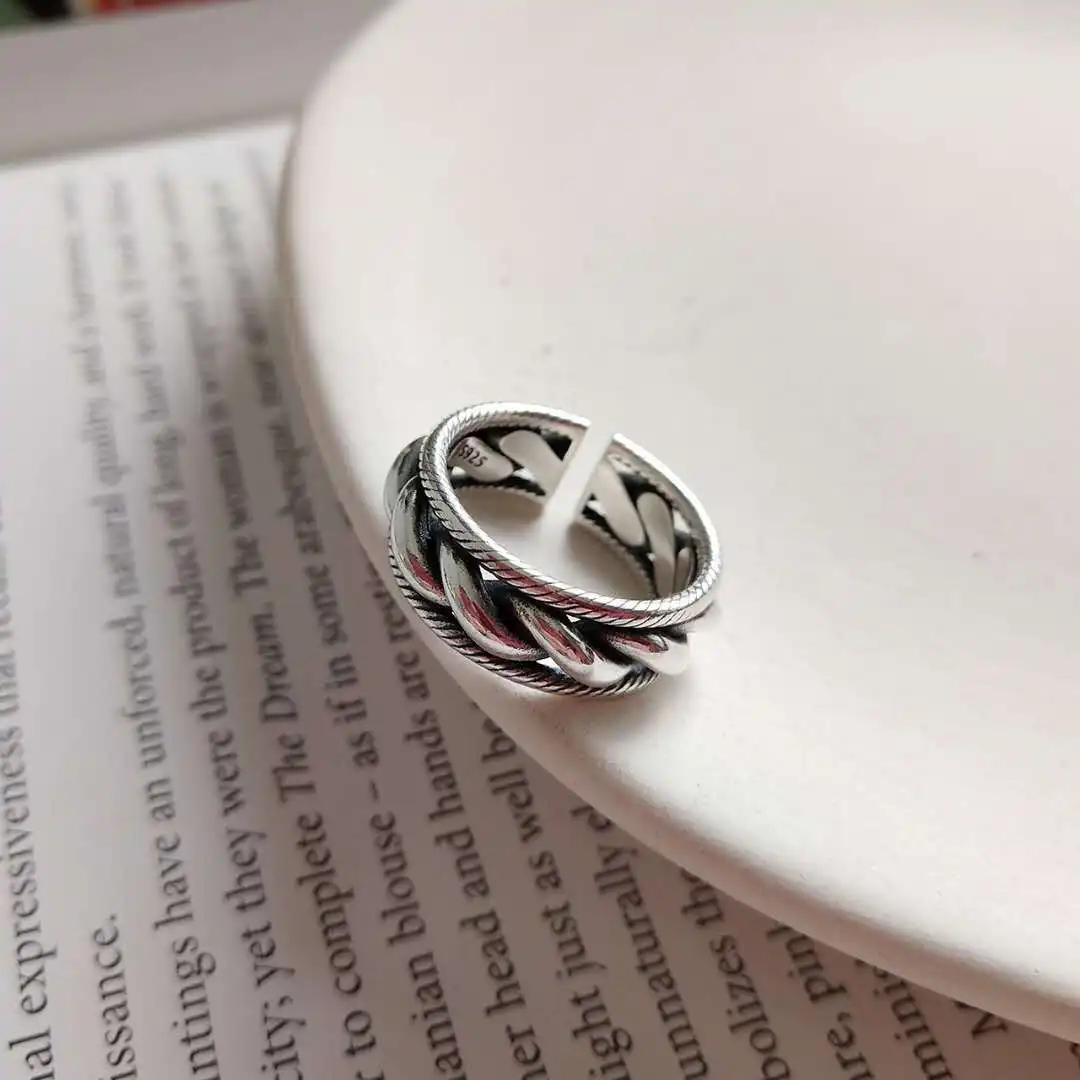 INS925 silver custom ring female retro Thai silver hemp weaving net red hipster ring new versatile girl