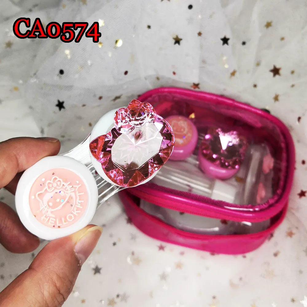 VIVIGO special pink sweety KT with diamond 2pairs set contact lens case, PU bag CA0574