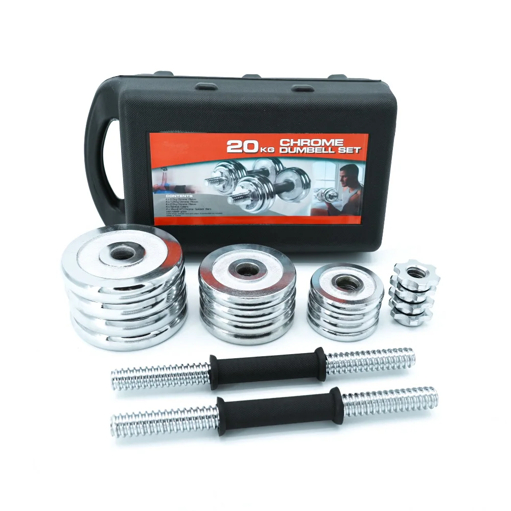 Factory wholesale 20 kg electroplated silver chrome-plated cast iron adjustable gift box cheap dumbell set men fitness equipment