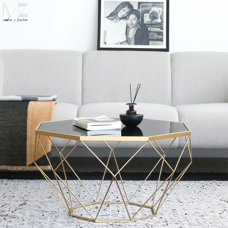 Modern Living Room Octagon Diamond Marble Top Gold Metal Frame Wired Center Coffee Table
