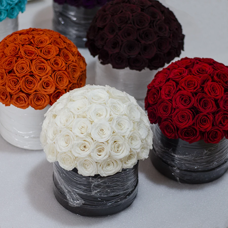 New Type Valentine Gift Luxury Round Shape Velvet Preserved Flower Roses in Box