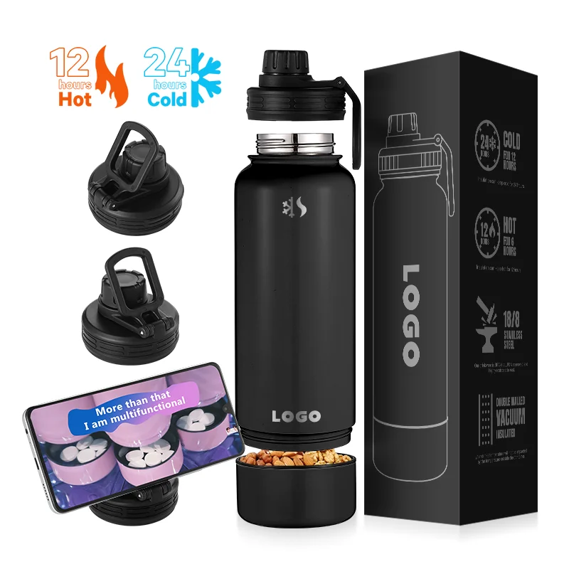 2024 ODM Vacuum Flask 32oz Double Wall Stainless Steel Insulated Water Bottles With Phone Holder Lid Tripod Function For Sports