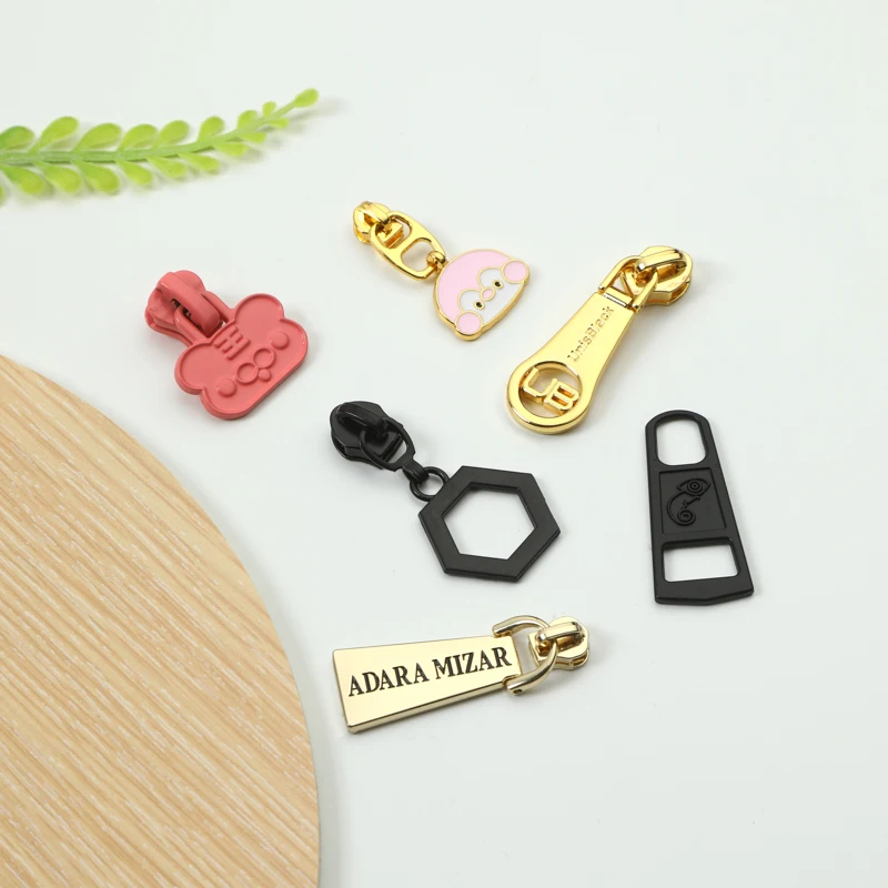 Custom letters logo Auto lock zipper puller engraved logo metal replacement zip fastener puller