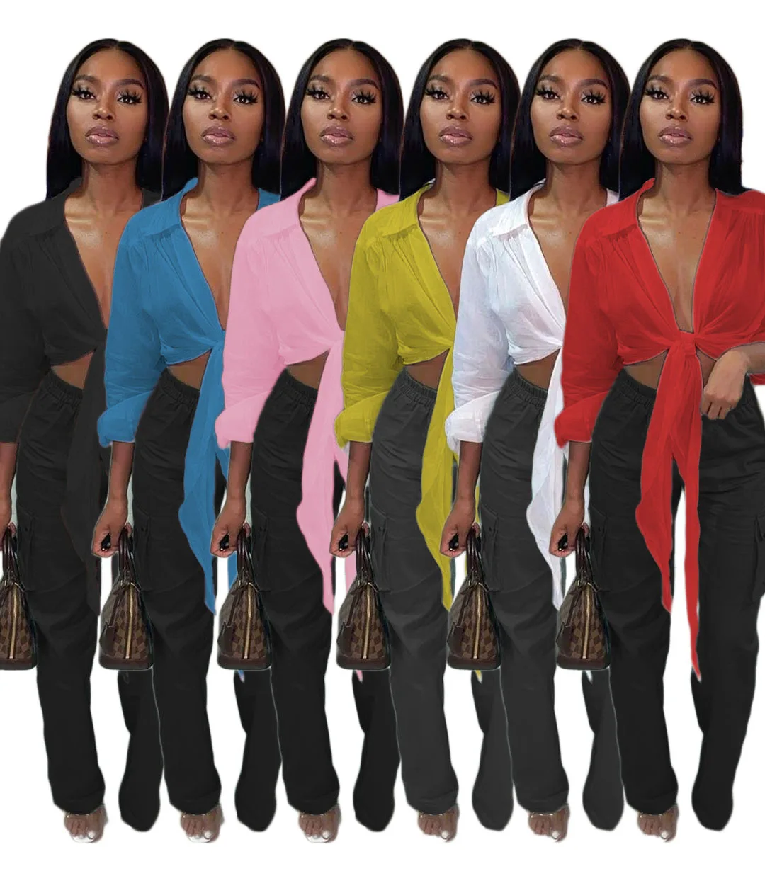 
Drop ship Solid Shirt Long Sleeve Crop Tops Blouses Tie Bow Deep V-neck Lace Up Top Chiffon Tops for Women Ladies 