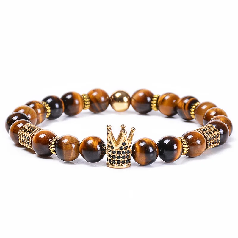 2Pcs/Set Elastic Natural 8mm Tiger Eye Stone CZ Crown Charm Bracelet Adjustable Tiger Eye Stone Black Zircon Crown Bracelet