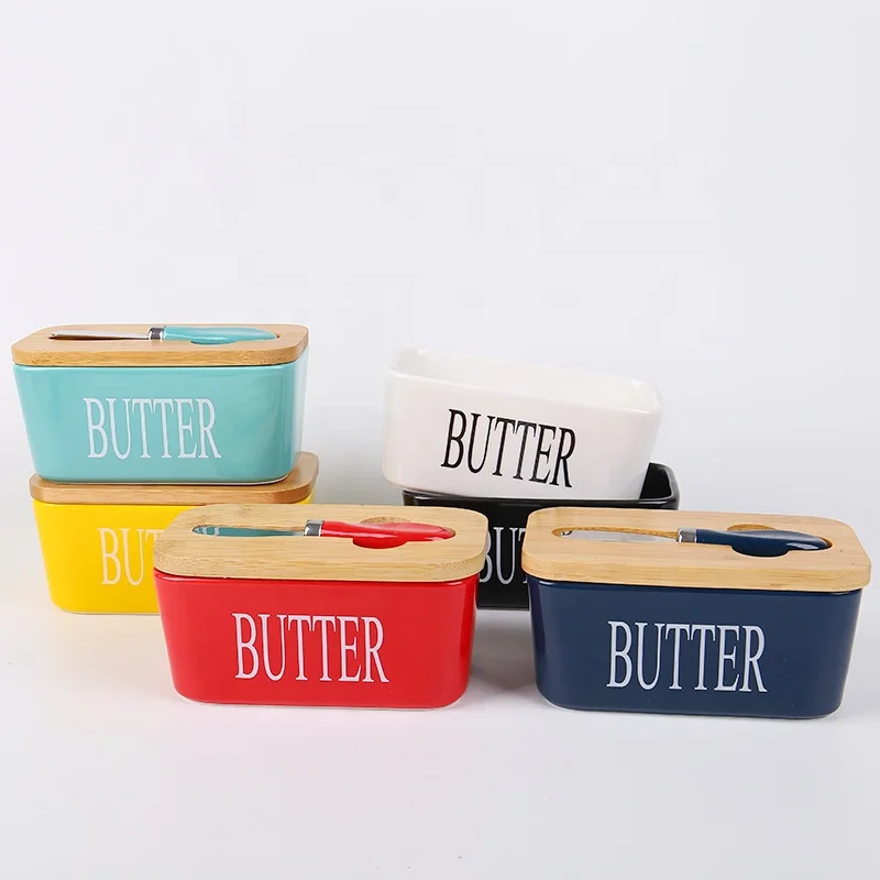 Butter Dish Butter Keeper Container&Knife With Bamboo Lid Ceramics Box Silicone Sealing Nordic Style Butter Dishes