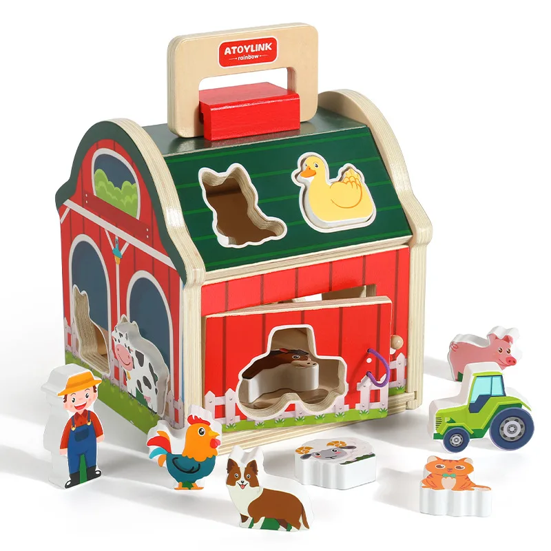 Darling Hand-held Cartoon Farm Smart House Animal Shaped Knock Ball Containing Building Blocks Disassembly Assembly Wooden Toys