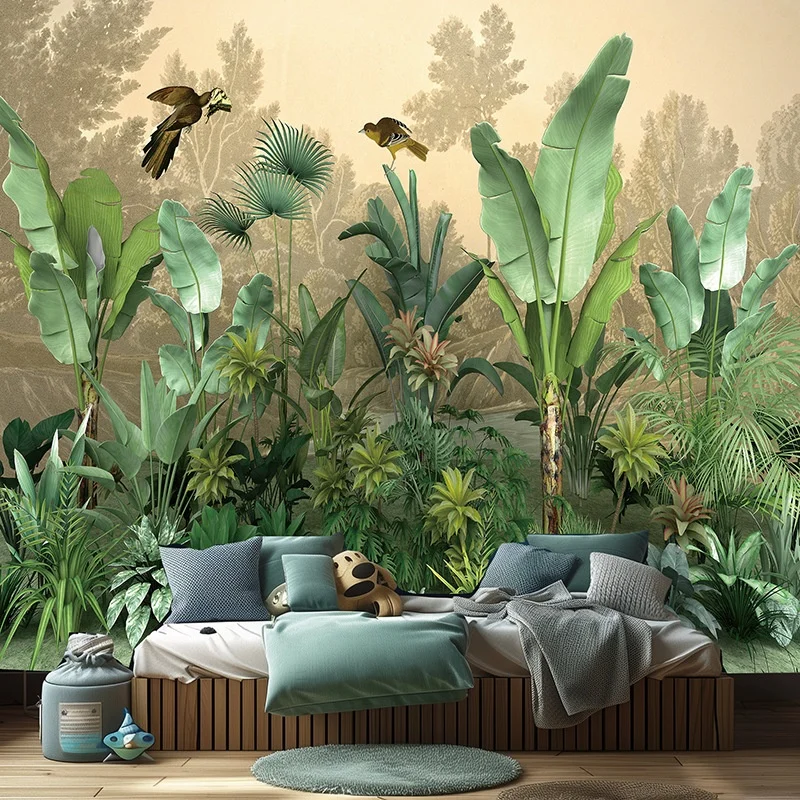 Rainforest self-adhesive wallpaper forest plants wall paper green background wall mural peel and stick wall fabric