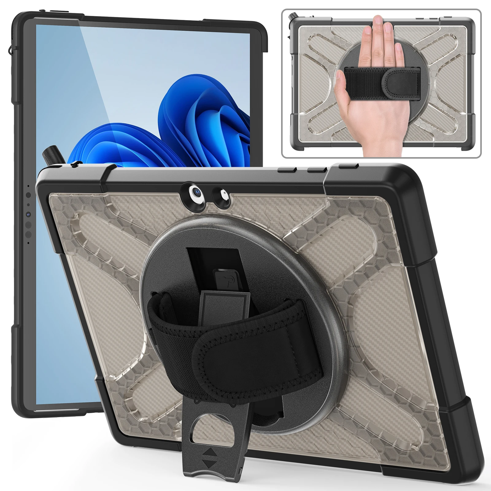 Rugged Case for Microsoft-Surface-Go-3/Go-2/Go with Rotatable Kickstand, Hand Strap Compatible with Type Cover Keyboard