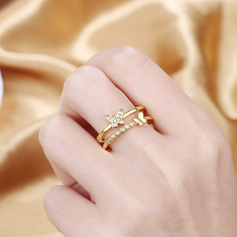 Fashion Double Layer Gold Plated Copper Crystal Butterfly Open Finger Smart Ring for Women Wholesale
