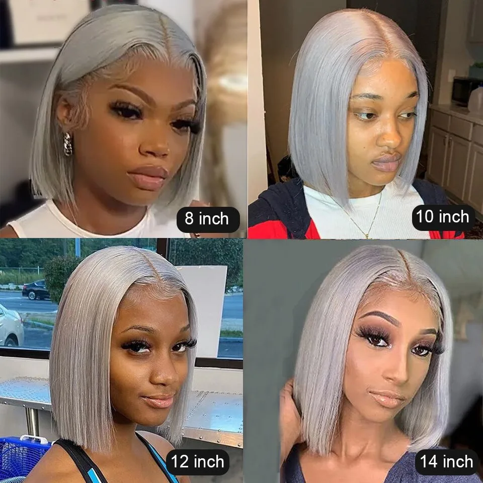 New 100% brazilian peruvian virgin hair premade gray color short 13x4 lace frontal grey bob human hair wig
