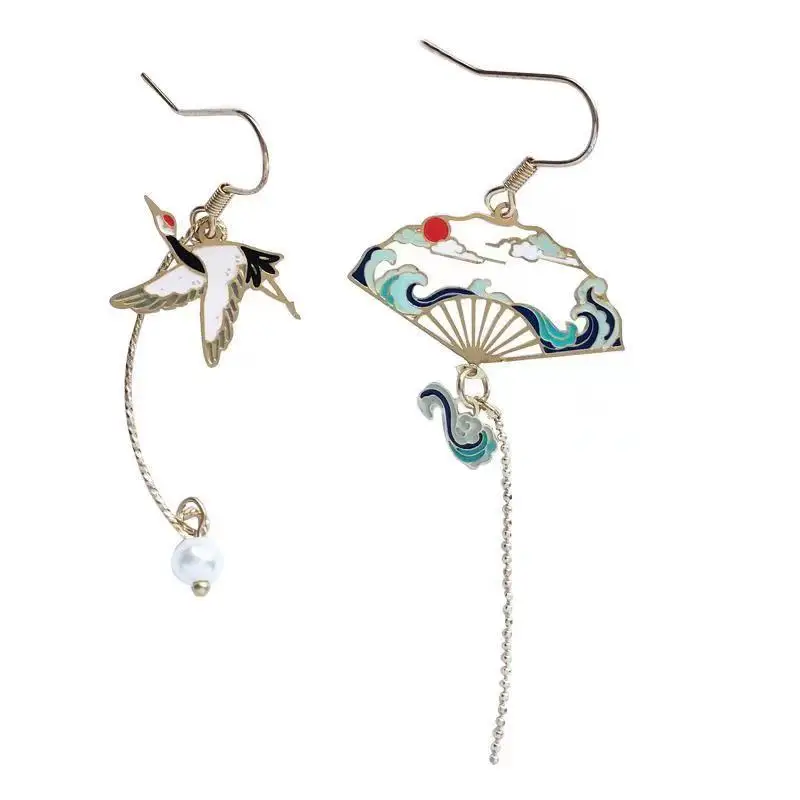 Chinese Style Enamel Earrings Creative Personality Designer Asymmetric Fan Crane Pendant Earrings for Women Jewelry