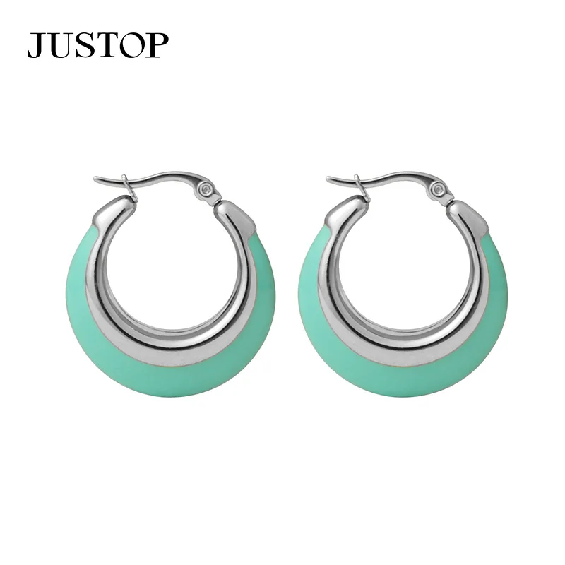 2024 New Chunky Design Aqua Blue Epoxy Earring Stainless Steel Hoop Earrings for Girls Women