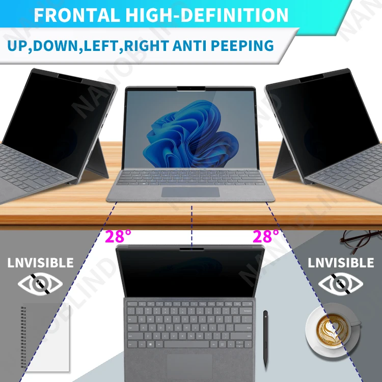 NANOBLIND 360 Degree Anti Spy Frame Glue Privacy filter For Microsoft Surface Pro 8 Easy Install Anti Glare scratch blue light