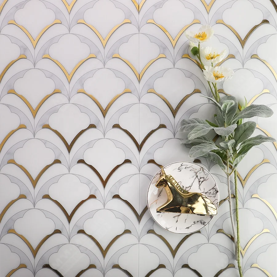 Foshan Factory Price Luxury 200x200mm Waterjet Fan Shape Pattern Moroccan Ceramic Tile For Bathroom Shower Kitchen Wall Floor
