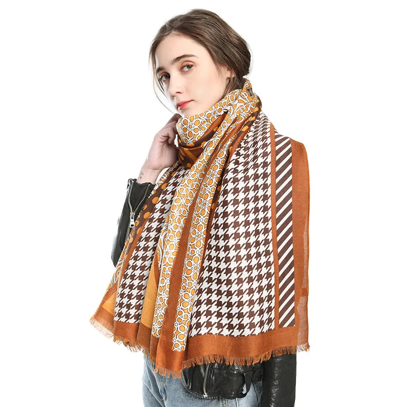 Autumn Winter Houndstooth Tudung Shawl Polka Dot Cotton Printed Chiffon Scarf
