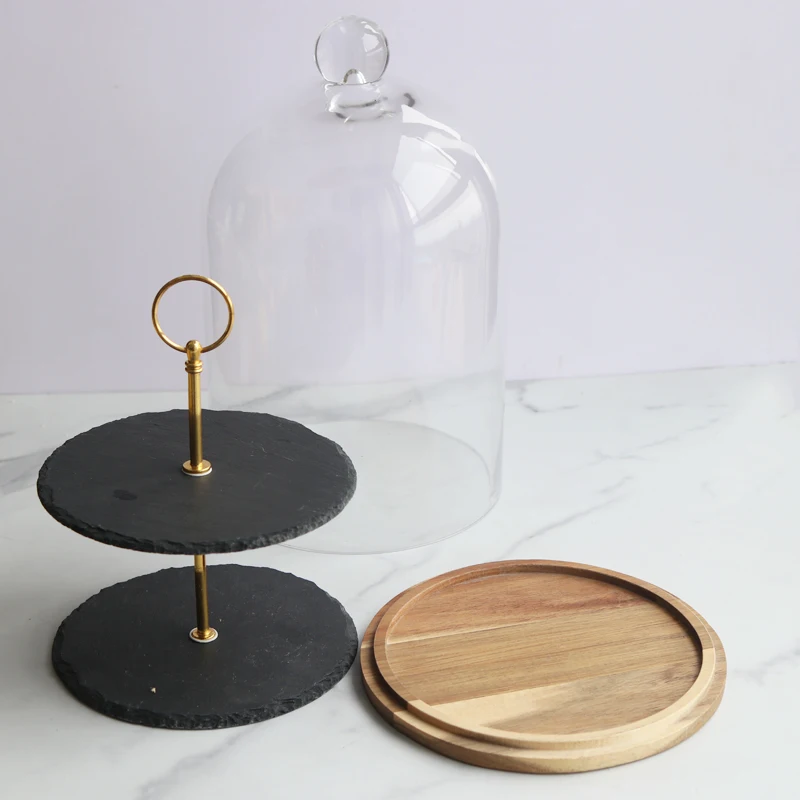 Slate 2-Tiered Round Dessert Cupcake Stand Macaron Fruit Displaying Stand Serving Tray with glass dome