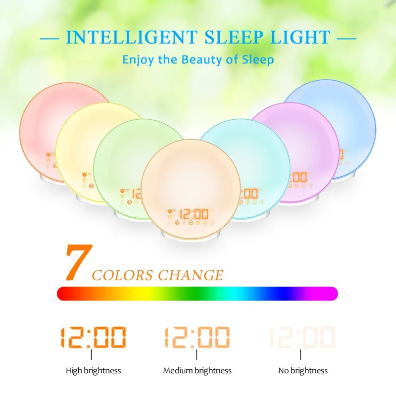 
App Wifi voice control wake up light 7 Colors Night Light alarm clock with radio 