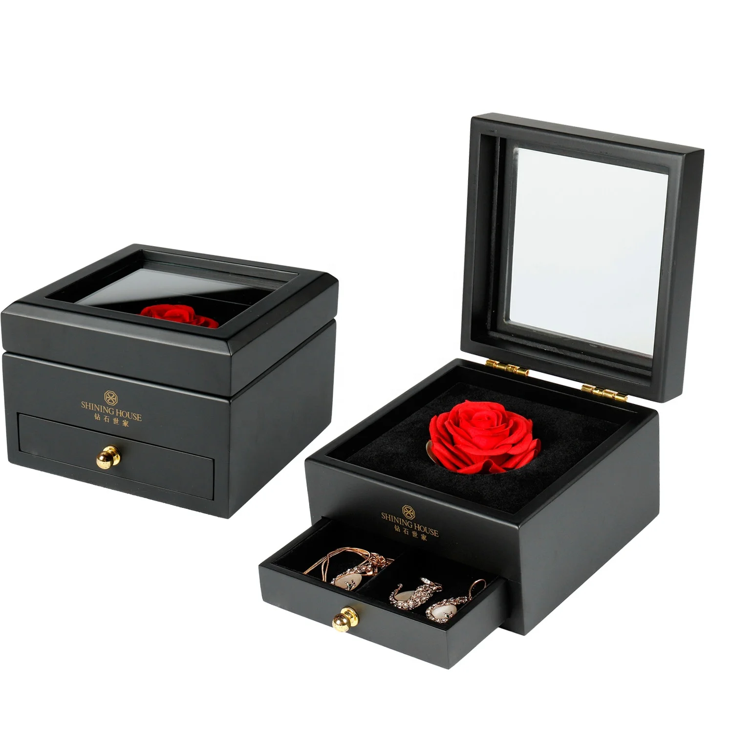 Factory Wholesale Black Matte Lacquer Clear Glass Cover Gift Luxury Custom Wooden Jewelry With Drawer Storage Box