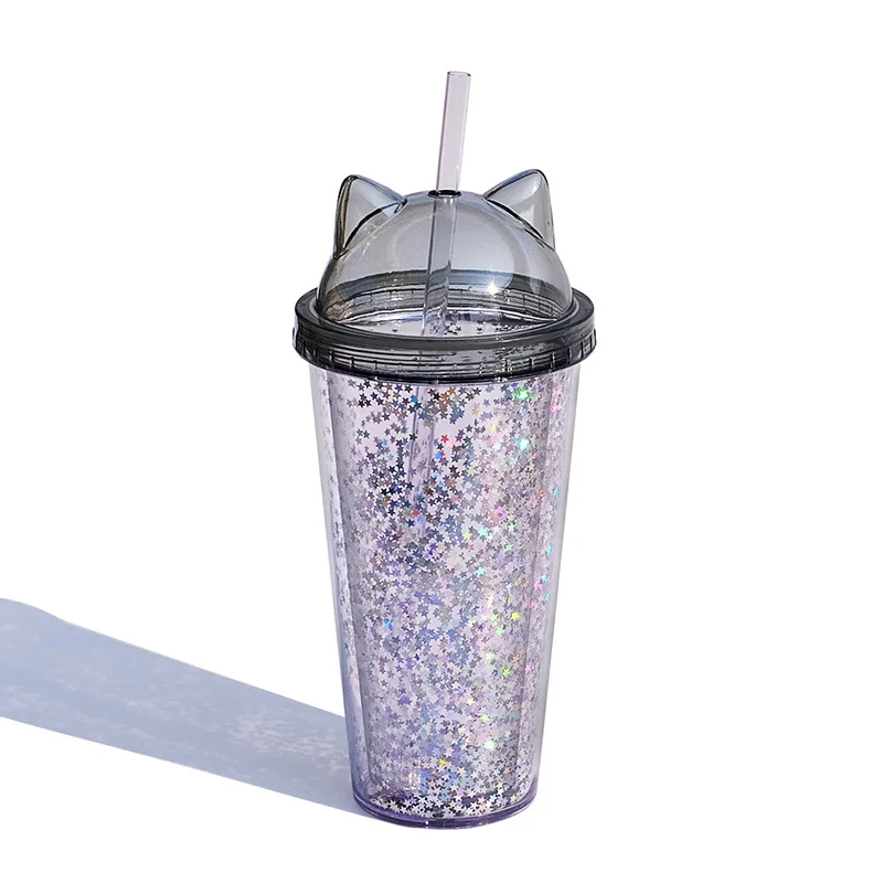 GXP Amazon top sell summer double wall Cat ear sippy cups coffee mug tumbler plastic cup with lid and straw