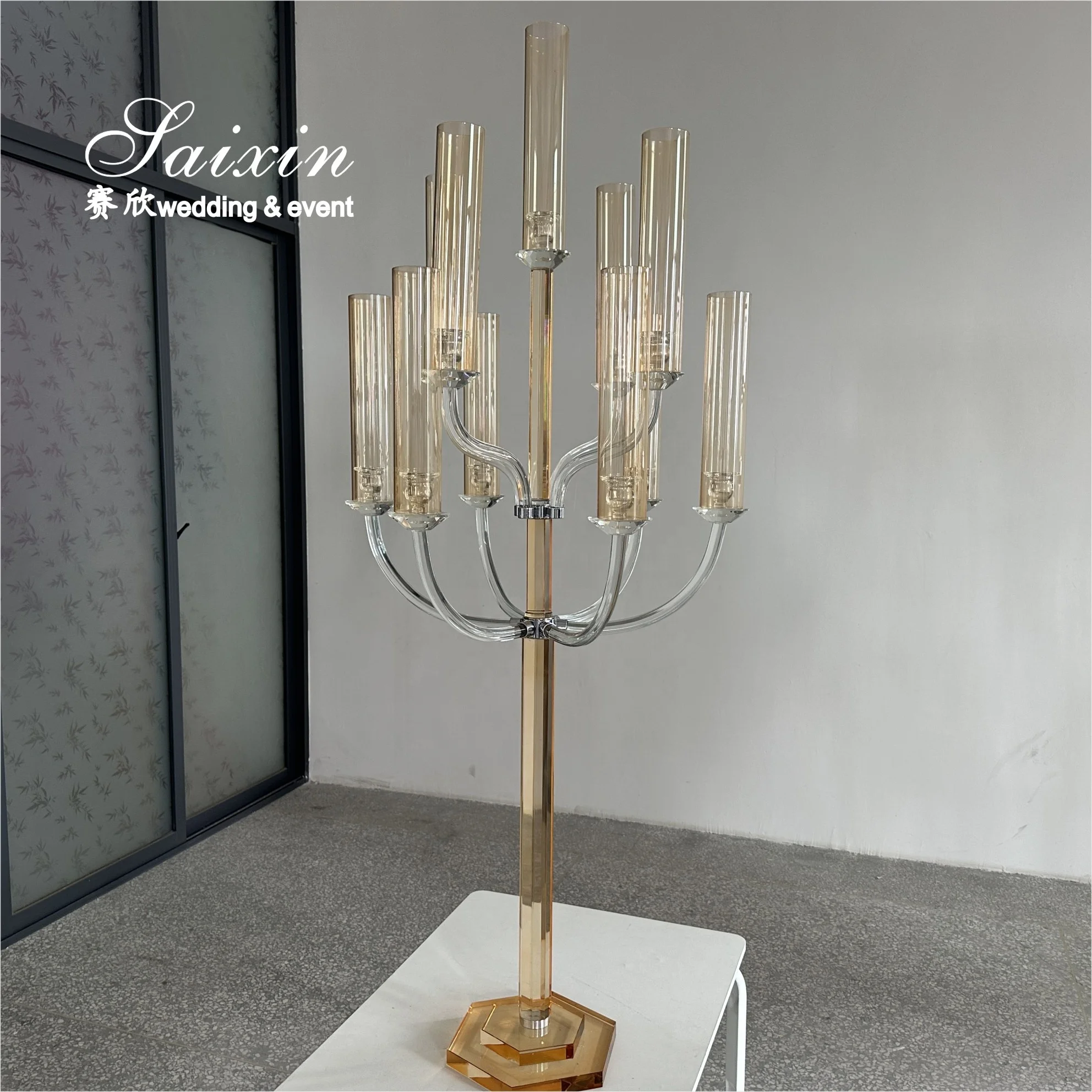 Purity Wedding Table Decoration Tall  Candle Holder Centerpiece Champaign Gold 11 Arms Crystal Candelabra