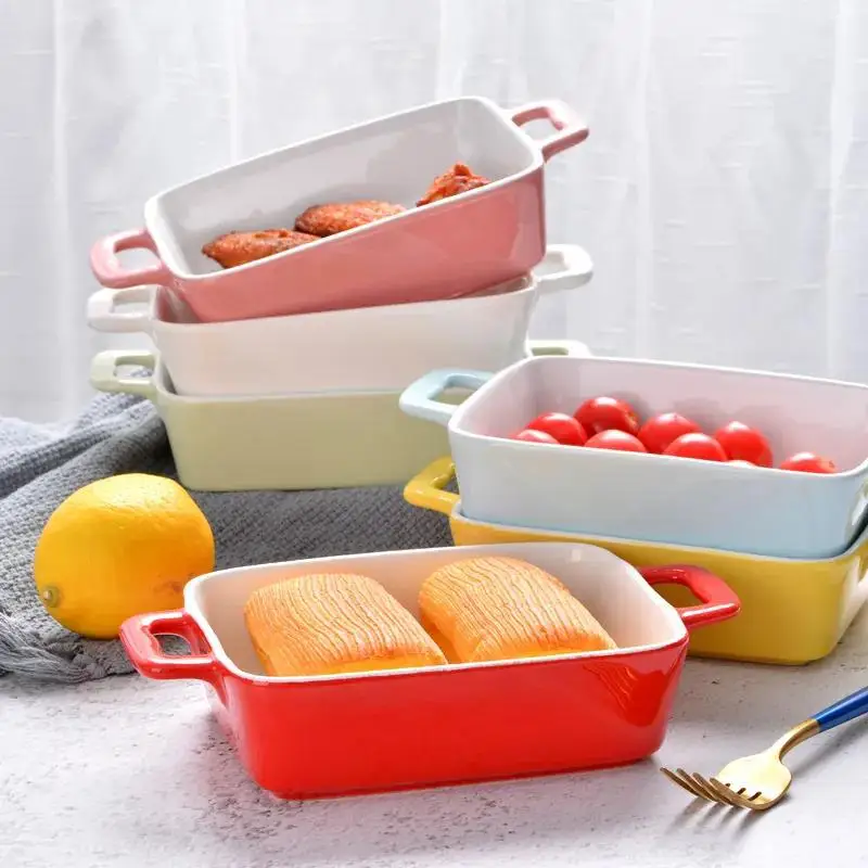 Nordic rectangular baking dish Ceramic plate Dinner plate Oven Baking dish with household cheese baked rice bowl