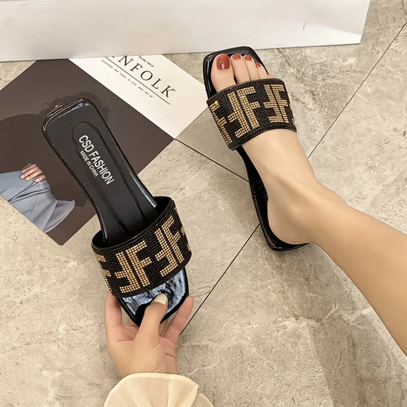 2022 new style square toe women casual outdoor shoes slides fashion Rhinestone upper large size Slipper sole rubber