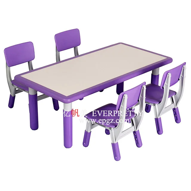 Colorful Wooden Square Shape Adjustable Four Kids Table and Chair Kindergarten Set