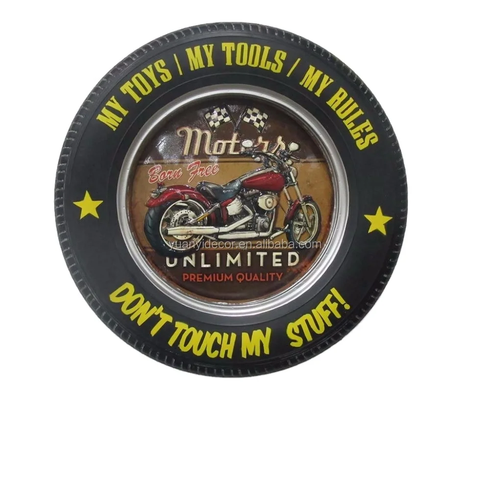 Retro metal tyre wall embossed motor plaque crafts with LED light for wall decor