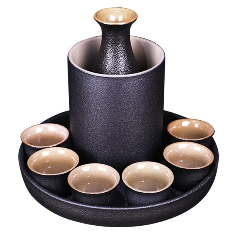 Japanese Style Ceramic Sake Pot Cup Set (9pcs/set) Black Pottery Liquor Flask Wine Bottle Cups Tray