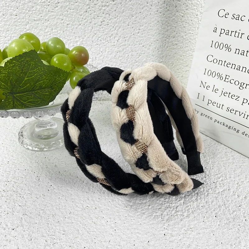 Korean Custom New Autumn and Winter Hair Knitted Hair Band Luxury Rhinestone Braid Hair Clip High Head Top Headband Girl