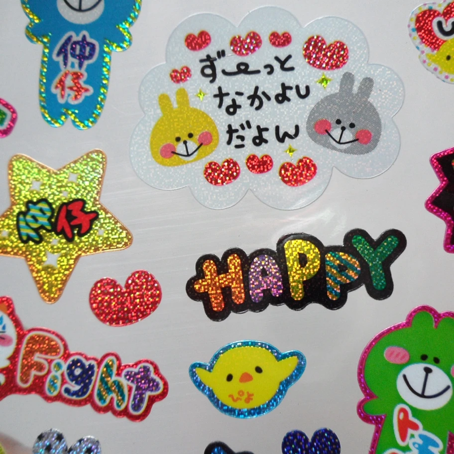 Custom design cute cartoon holographic glitter stickers sheet for kids Removable kitty animal stickers