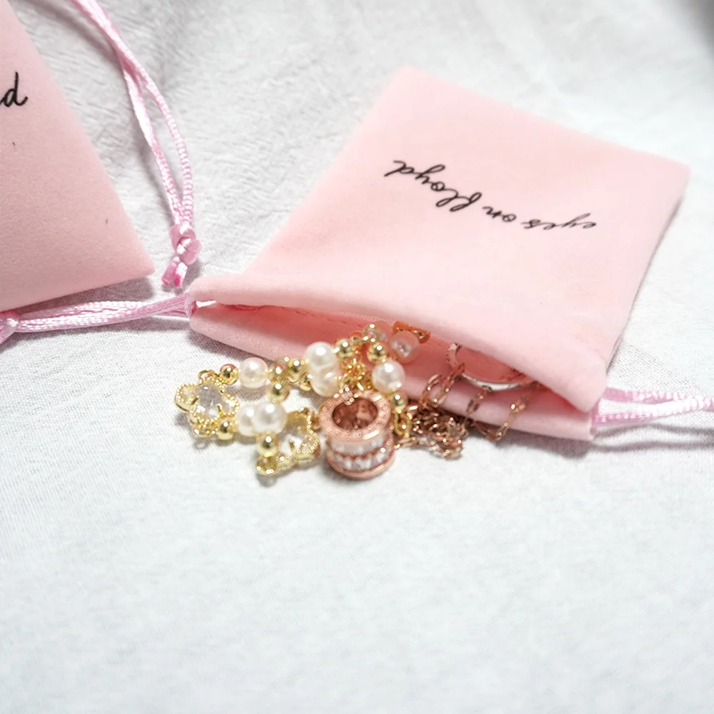 Custom Pink printed logo reusable precious mobile phone packaging gift bags drawstring dust flannel jewelry bag velvet pouch bag