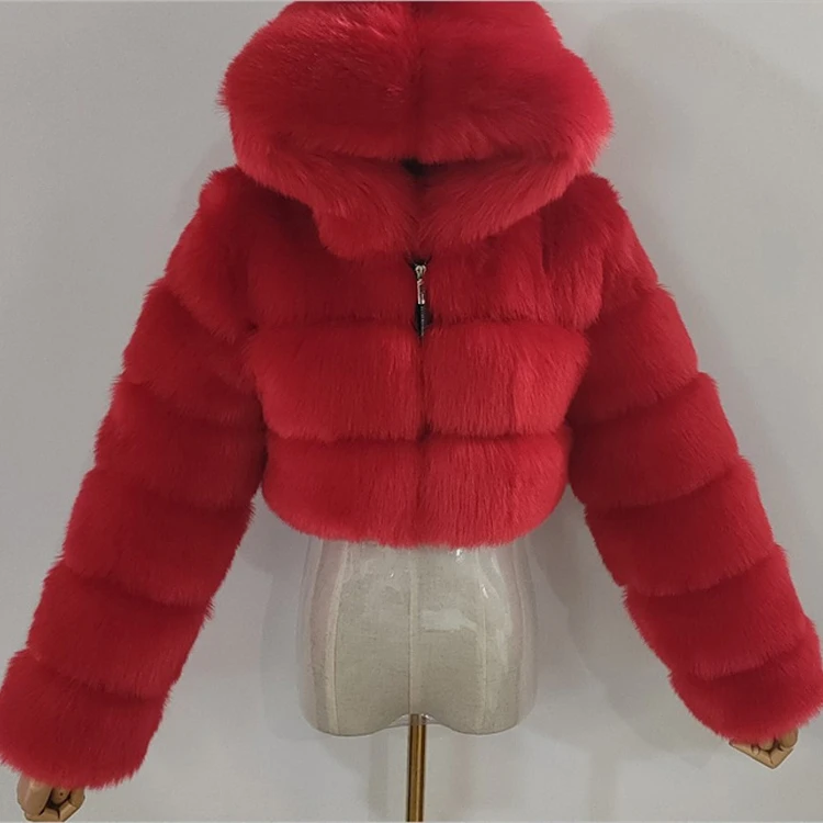Wholesale Fashion Short Jacket Ladies Winter Coats Hood Faux Fur Coat for Women