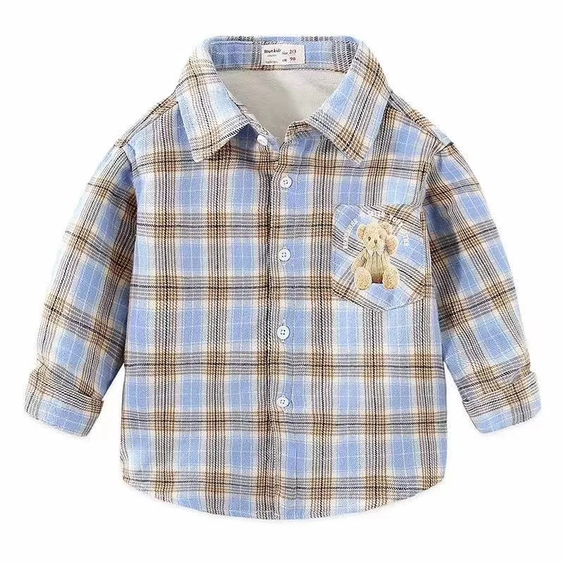 ew boys and girls spring autumn baby cotton striped 1-7 years old long-sleeved coat kids plaid dress shirt for children