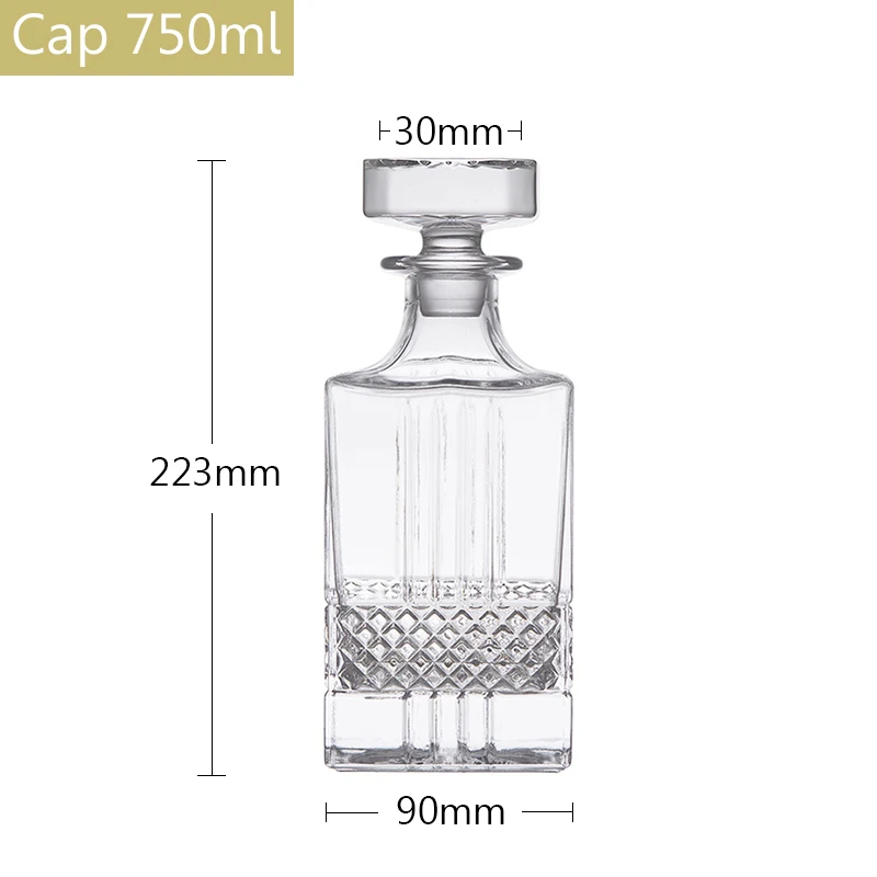 750ML Handcrafted Hot Selling Square Shape Exquisite Carving Clear Glass Spirit Bottle Whisky Vodka Wine Glass Decanter Bottles